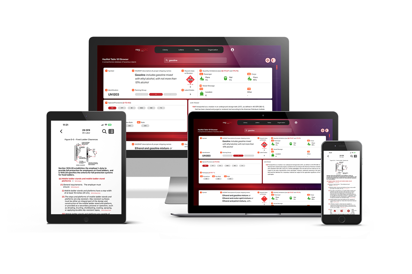 RegLogic displayed on laptop, tablet, and phone showing regulation browsing interface