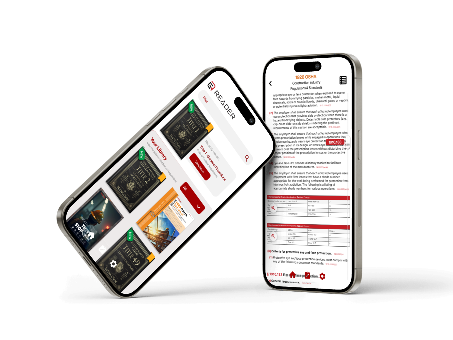 RegLogic app shown on two iPhones displaying regulation search and details